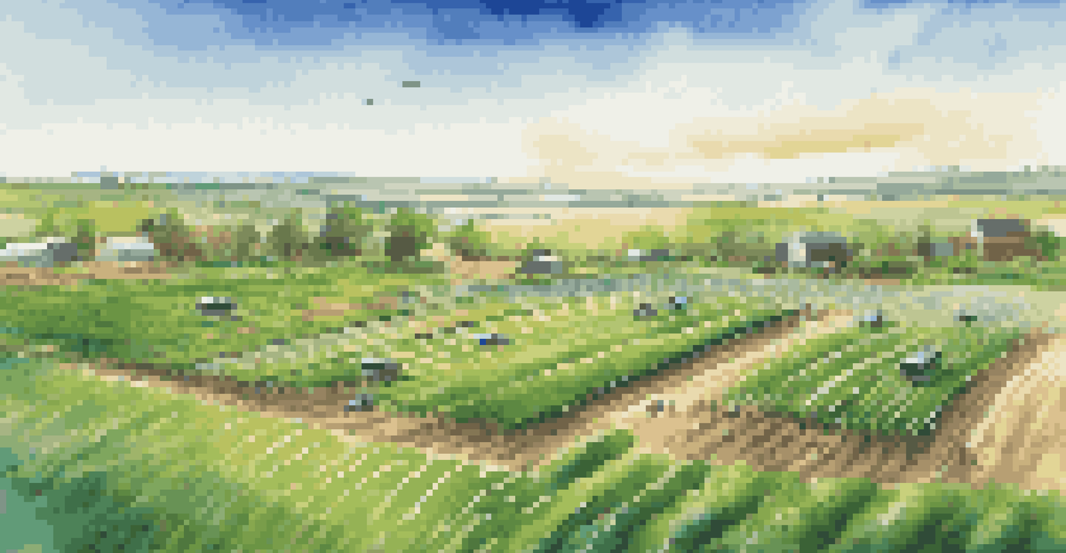 A green agricultural field with smart sensors and farmers using tablets to analyze crop and soil data.