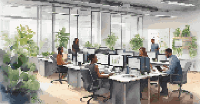 A bright and modern office with employees collaborating around digital devices, surrounded by plants and natural light.