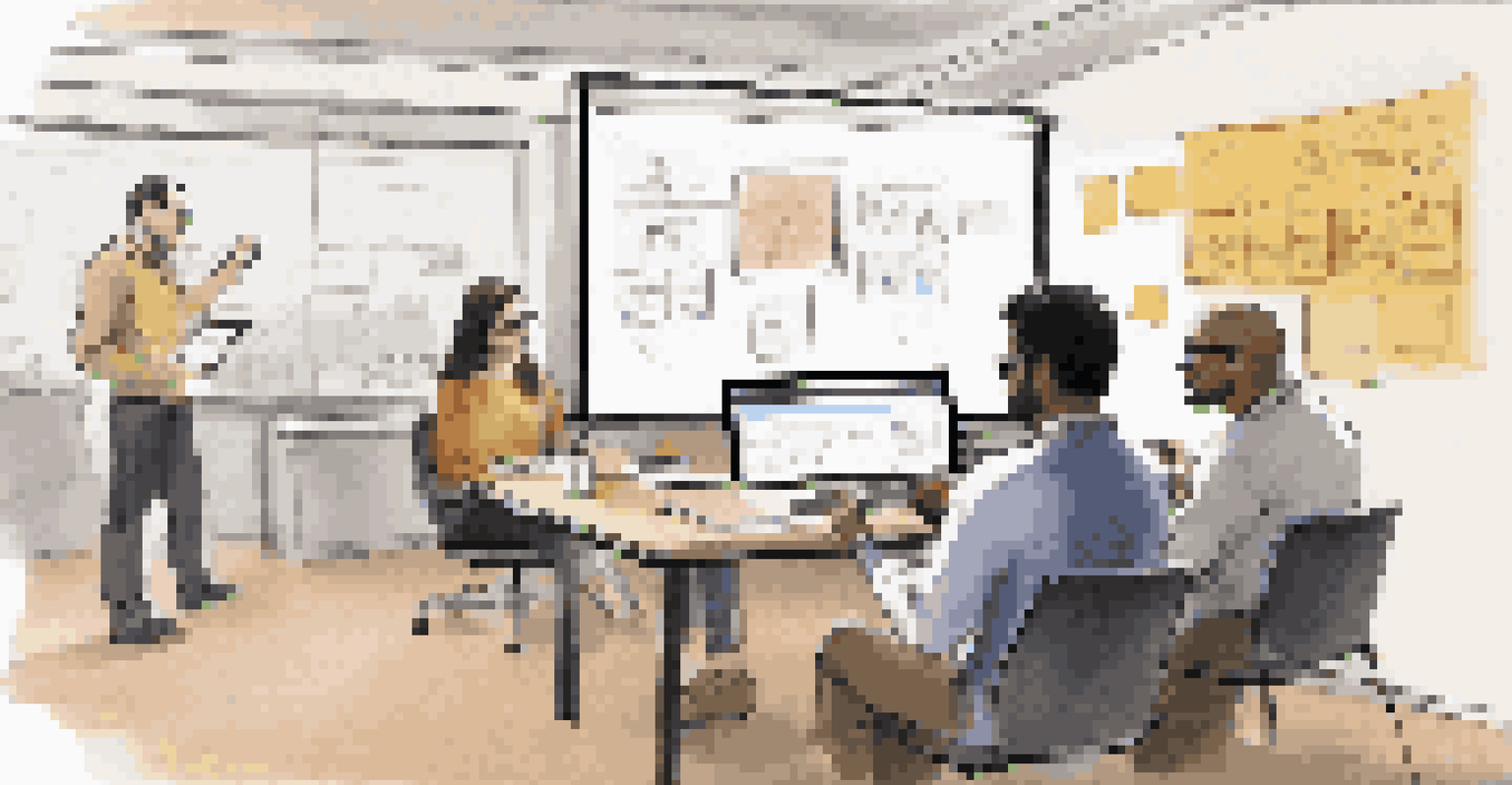 A user testing a tablet in a cozy room, with a designer observing and taking notes, and a whiteboard filled with sketches in the background.