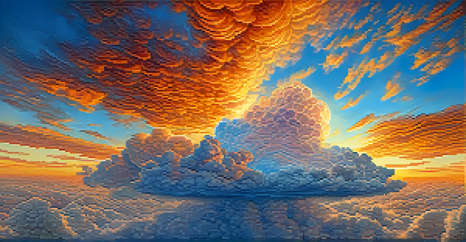 A cloud with data streams set against a colorful sunset sky, representing Cloud AI.