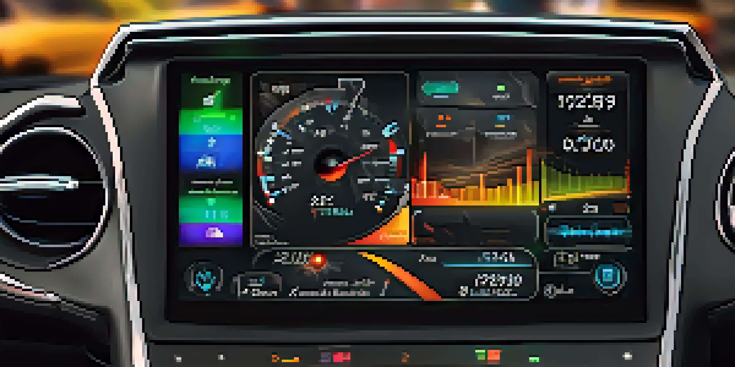 A modern vehicle dashboard showing a telematics system with a digital screen displaying various metrics in vibrant colors and soft ambient lighting.