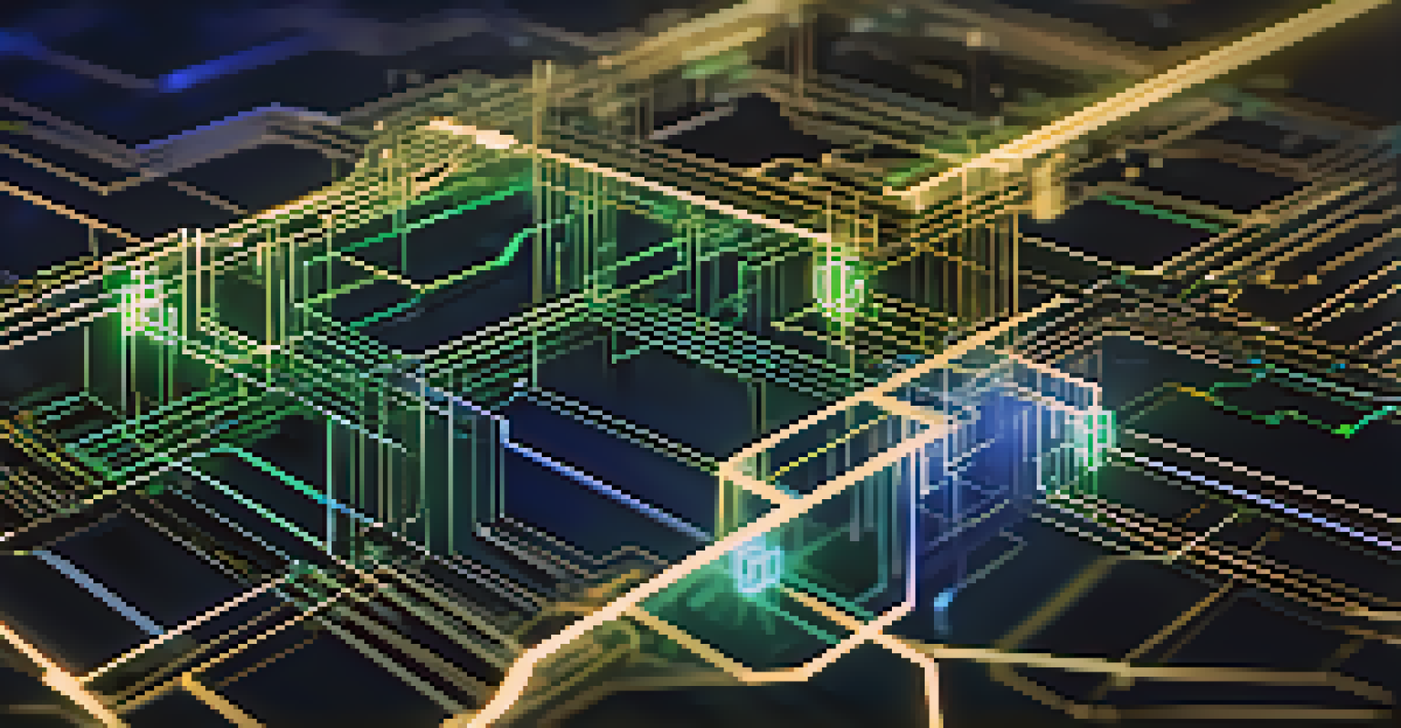 A close-up view of a digital blockchain ledger with interconnected blocks and data streams glowing in green and gold.