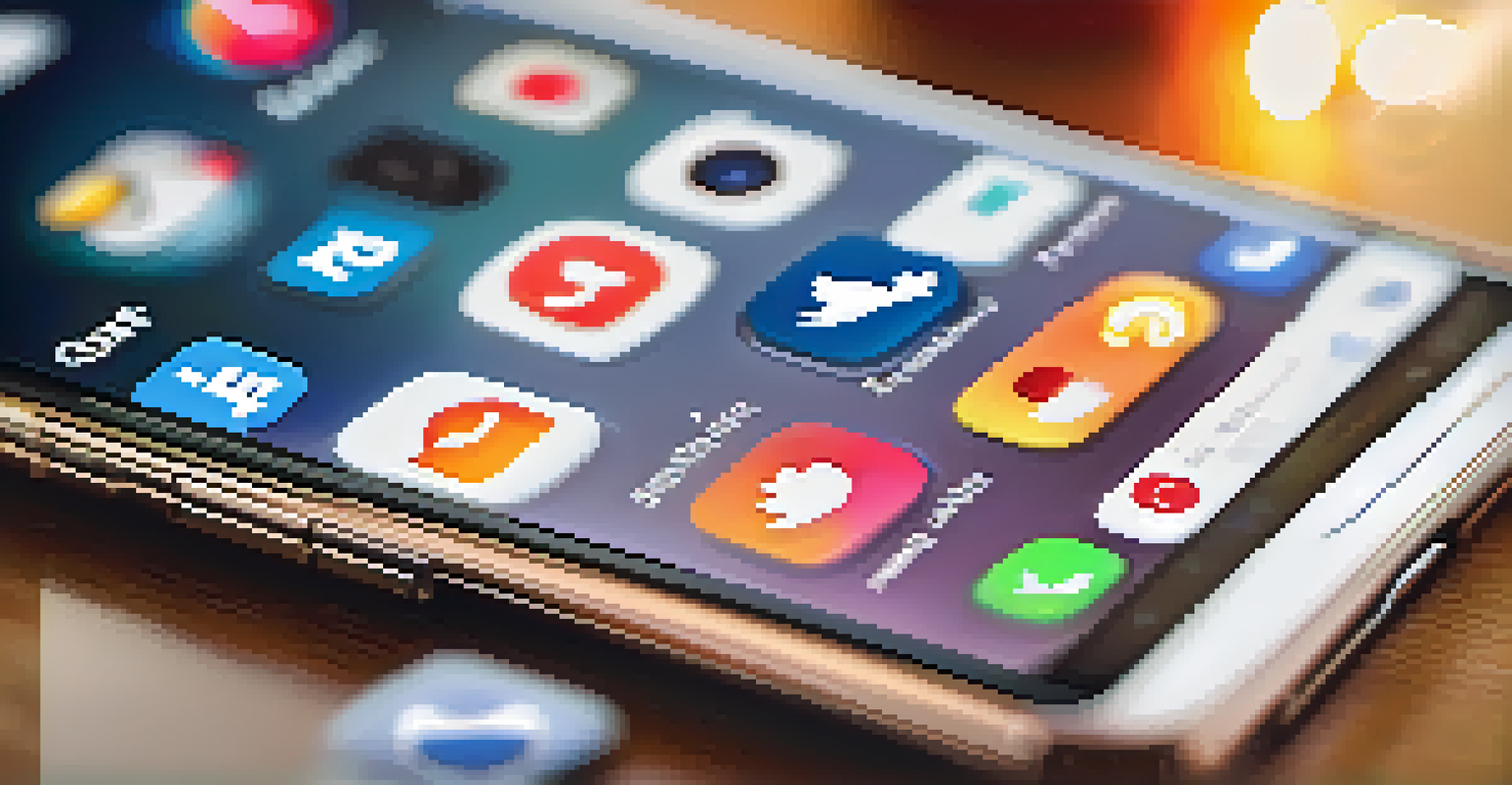 A close-up of a smartphone showing social media apps and messages, set against a softly blurred background with warm lighting.