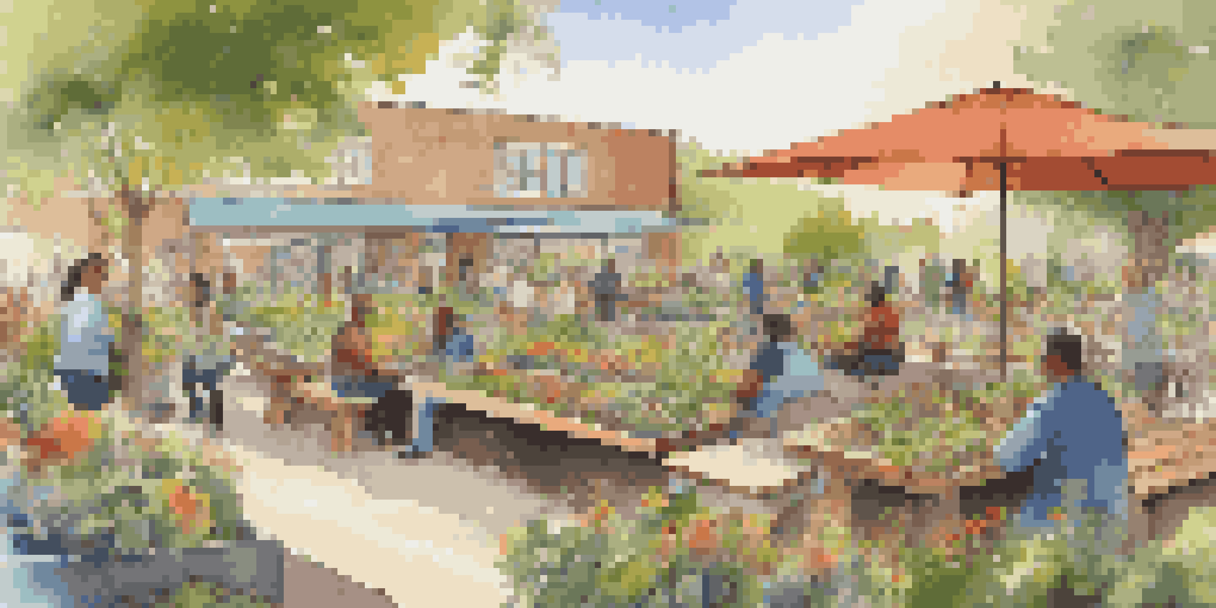 A diverse group of people working together in a colorful community garden, surrounded by flowers and vegetables under dappled sunlight.