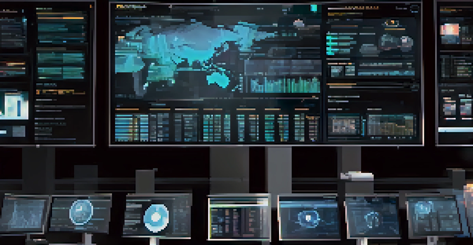 Close-up of a cybersecurity monitoring system with multiple screens showing alerts and analytics in a dimly lit room.