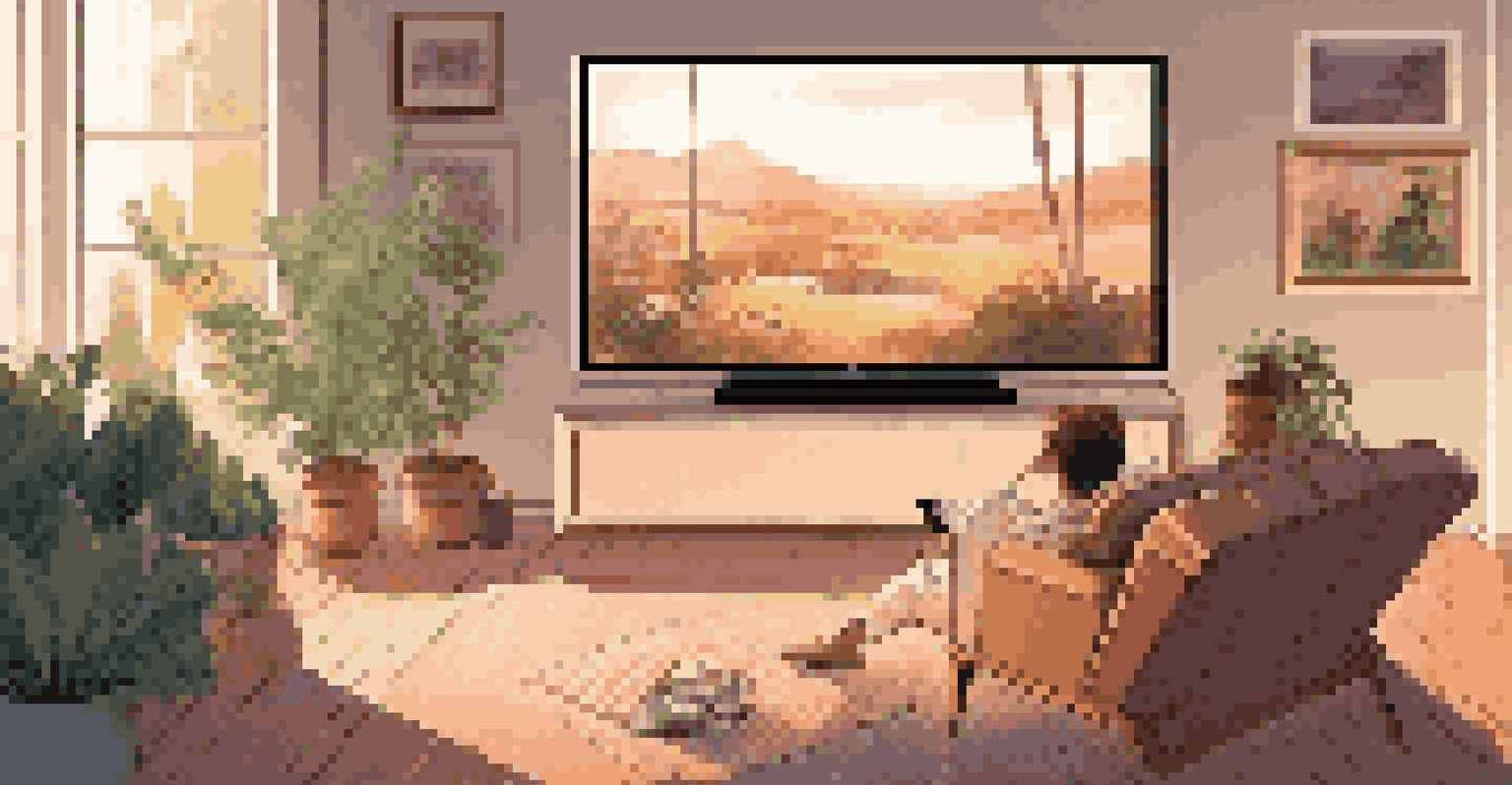 A comfortable living room with a person watching a TV displaying personalized movie recommendations, surrounded by a cozy ambiance.