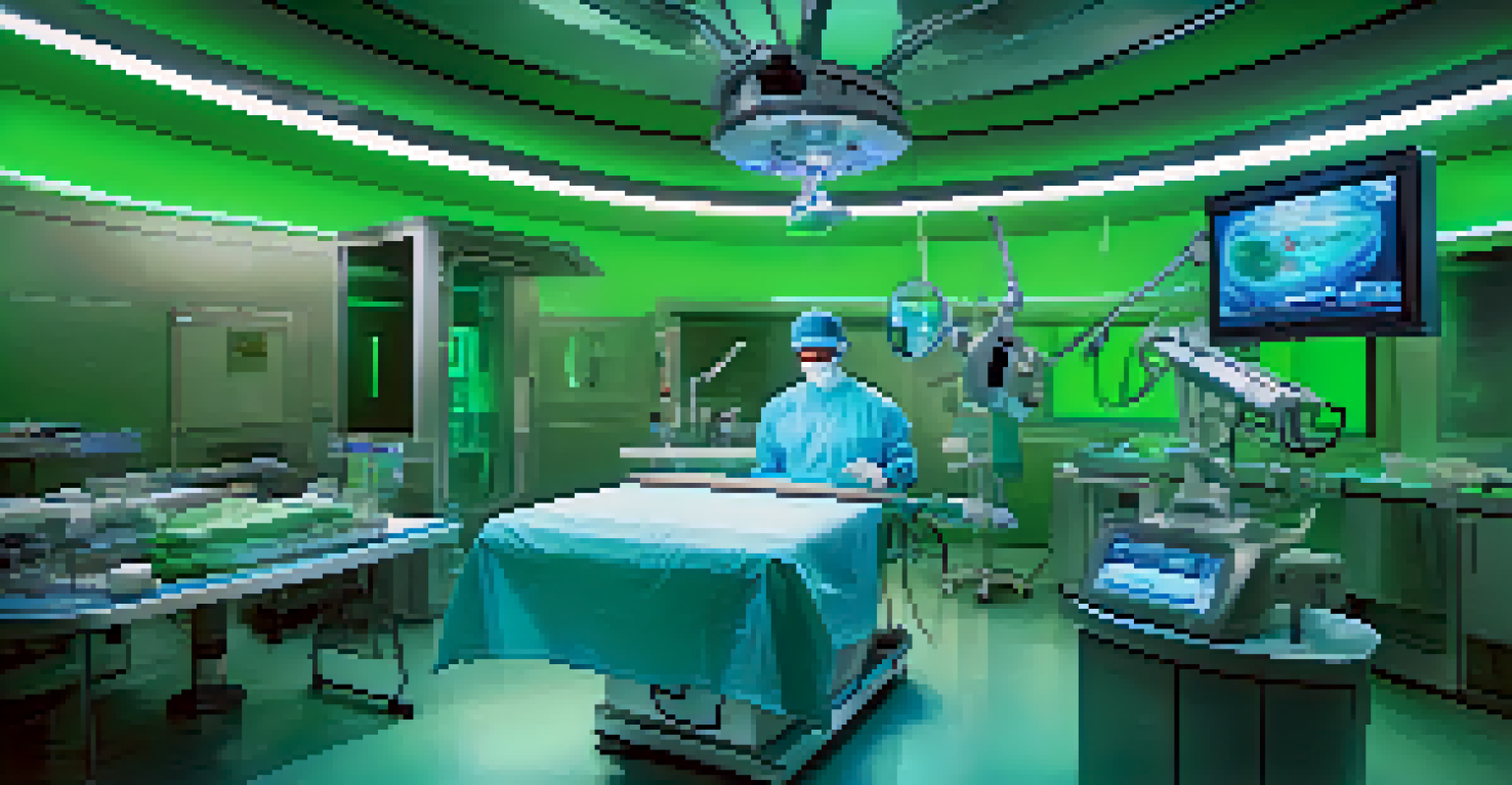 A close-up of a virtual operating room where a surgeon practices surgery in a VR simulation with realistic instruments and anatomical displays.