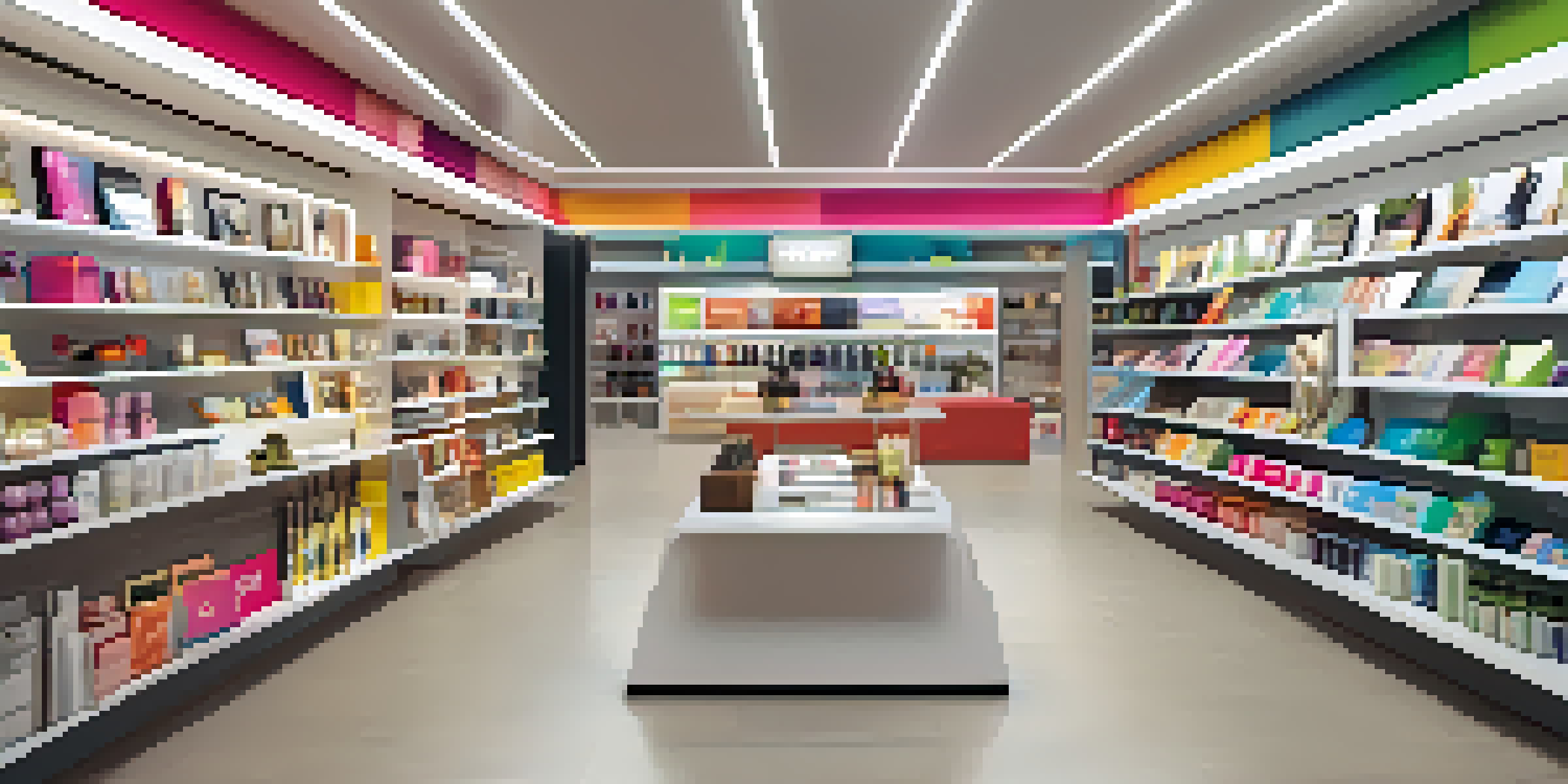A busy retail store with customers using smartphones to interact with augmented reality displays, surrounded by stylish furniture and bright product information.