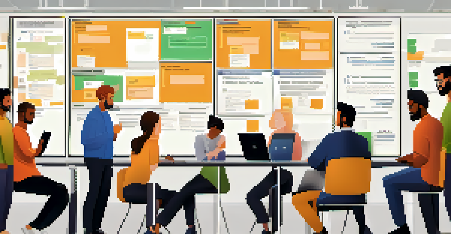 A hybrid team meeting discussing Kanban and Scrum methodologies, with digital boards displayed for both methods.