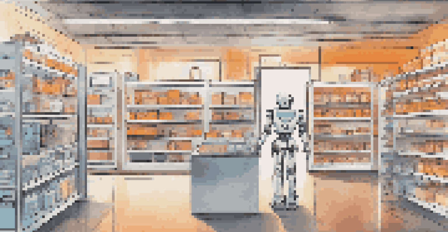 A robotic interface displaying inventory data in a retail setting, with a robot interacting with digital information.