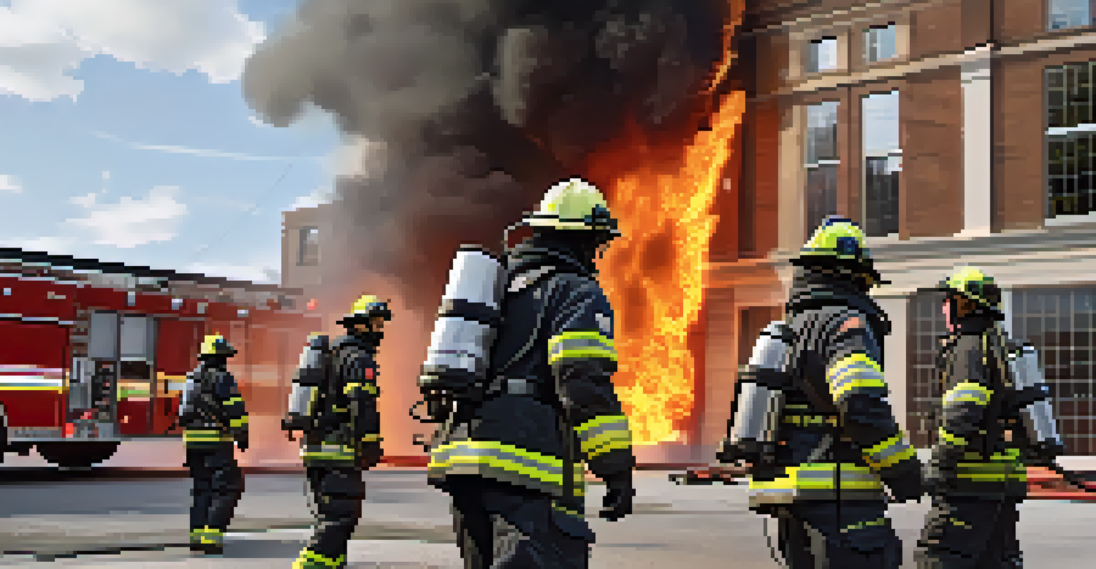 Firefighters working together in a virtual training exercise, with a simulated burning building visible on screens.