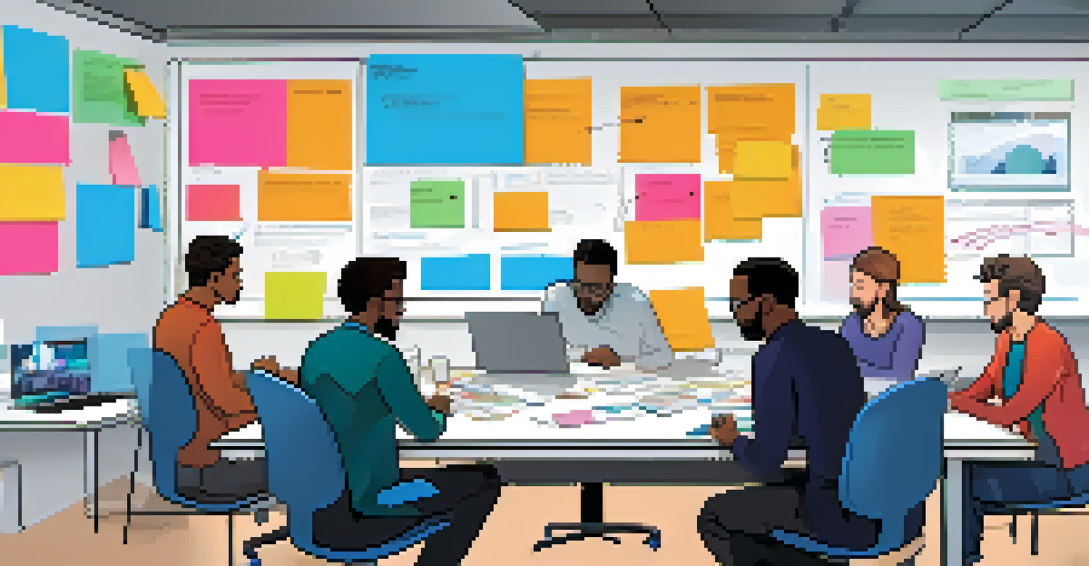 A diverse group of software testers discussing AI-driven testing strategies around a table filled with laptops and documents in a contemporary office setting.