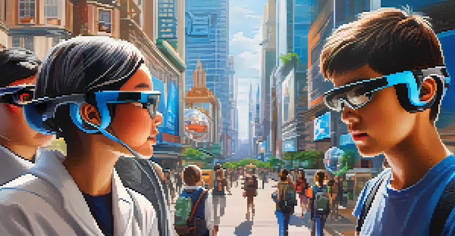 Learners using augmented reality glasses in a busy city street, practicing language skills with virtual characters and signs in different languages.