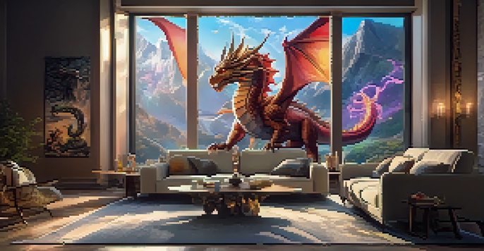 A colorful augmented reality scene depicting a dragon flying in a living room, illuminated by sunlight, creating a magical atmosphere.