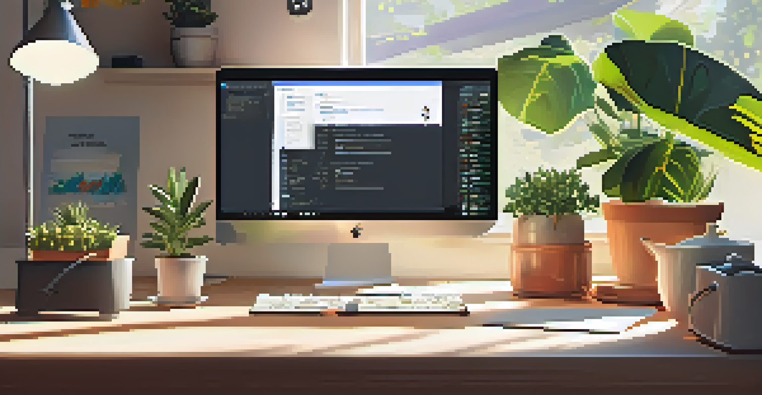 A well-organized workspace with a computer displaying chatbot software, surrounded by plants and stationery, illuminated by sunlight.