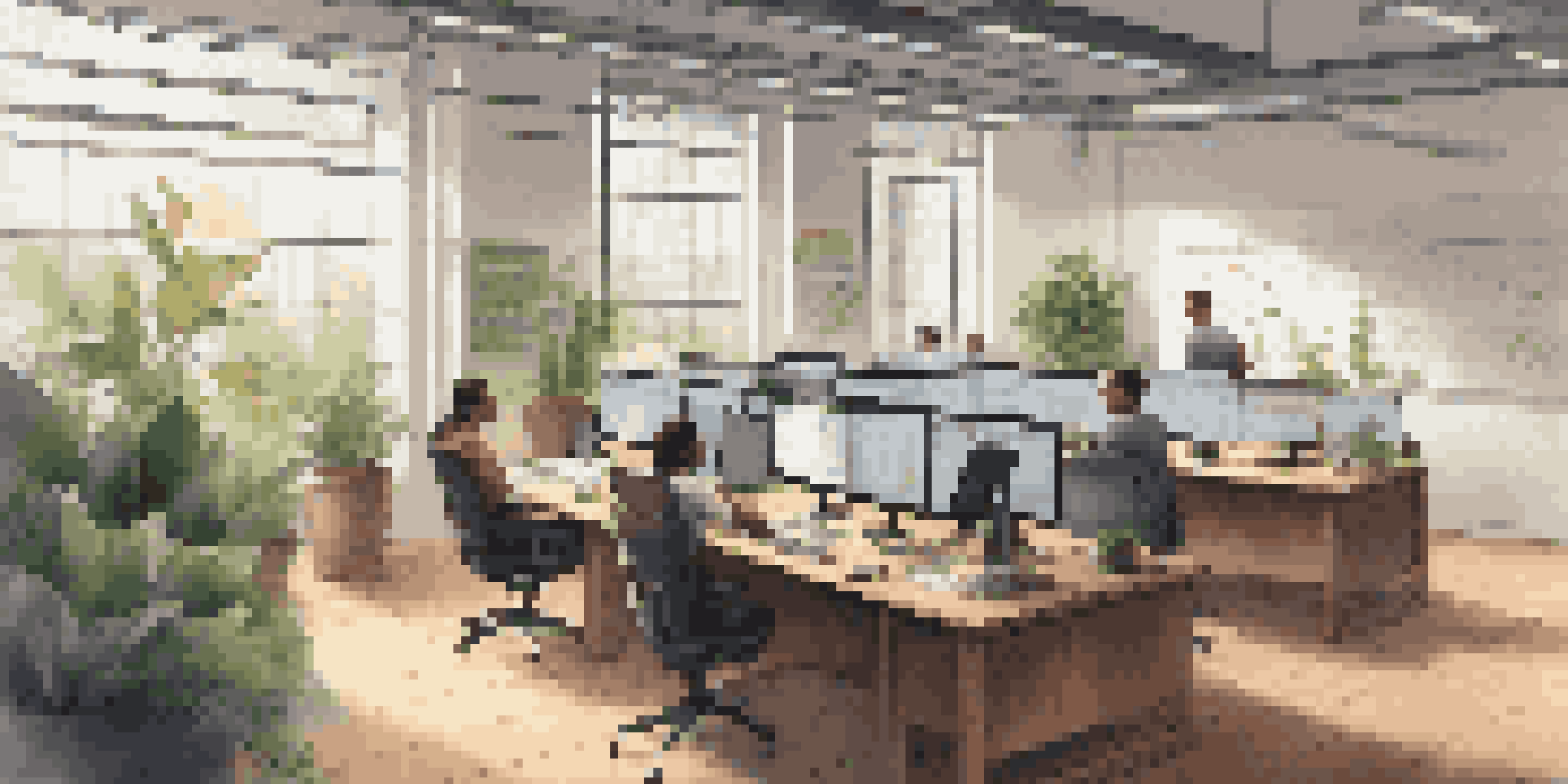 A spacious office with a wooden desk, an open laptop displaying a version control interface, and a diverse team collaborating on testing scripts, complemented by plants and bright natural light.