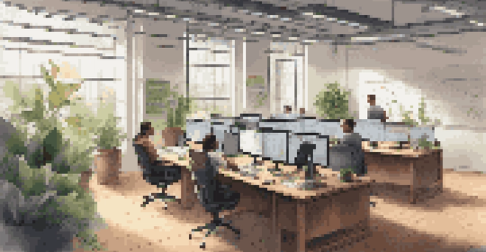 A spacious office with a wooden desk, an open laptop displaying a version control interface, and a diverse team collaborating on testing scripts, complemented by plants and bright natural light.