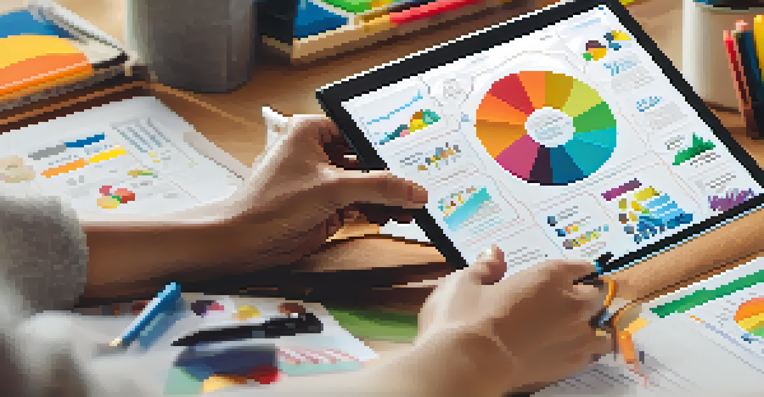 A person working on a tablet to create an infographic, surrounded by creative tools in a bright setting.