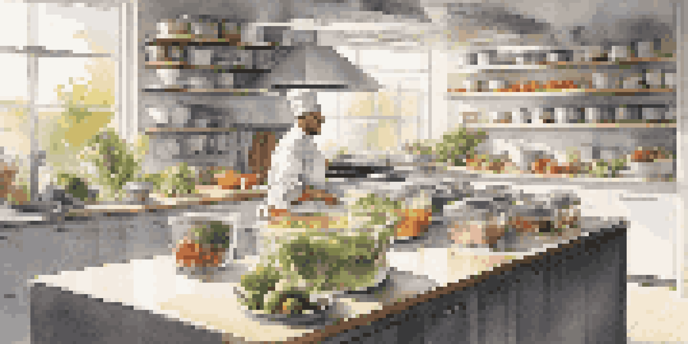 A modern kitchen with organized containers and a chef accessing ingredients, bathed in natural sunlight.