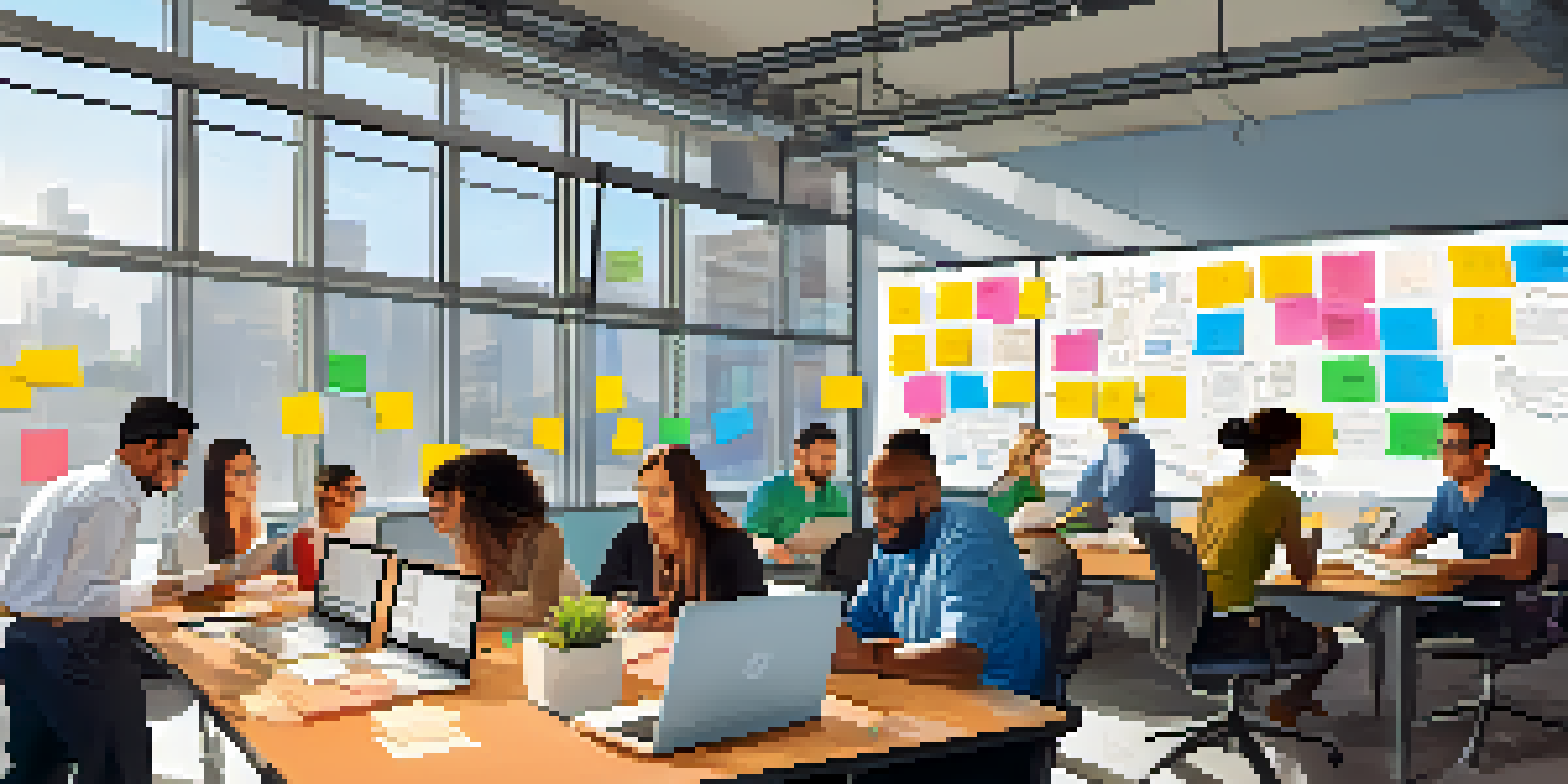 A diverse group of nonprofit staff working together in an office, collaborating on a low-code development project with laptops and brainstorming materials.