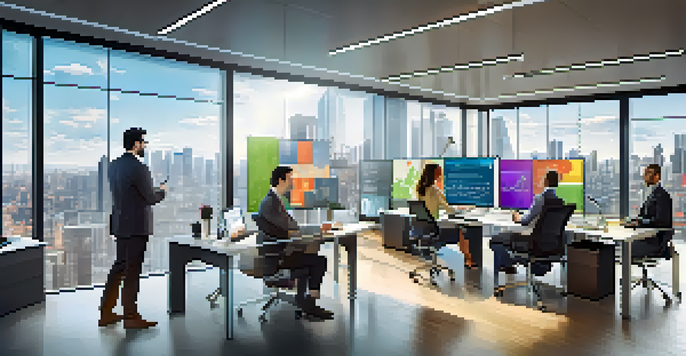 A diverse group of professionals in a modern office analyzing data on large screens with colorful graphs and charts.