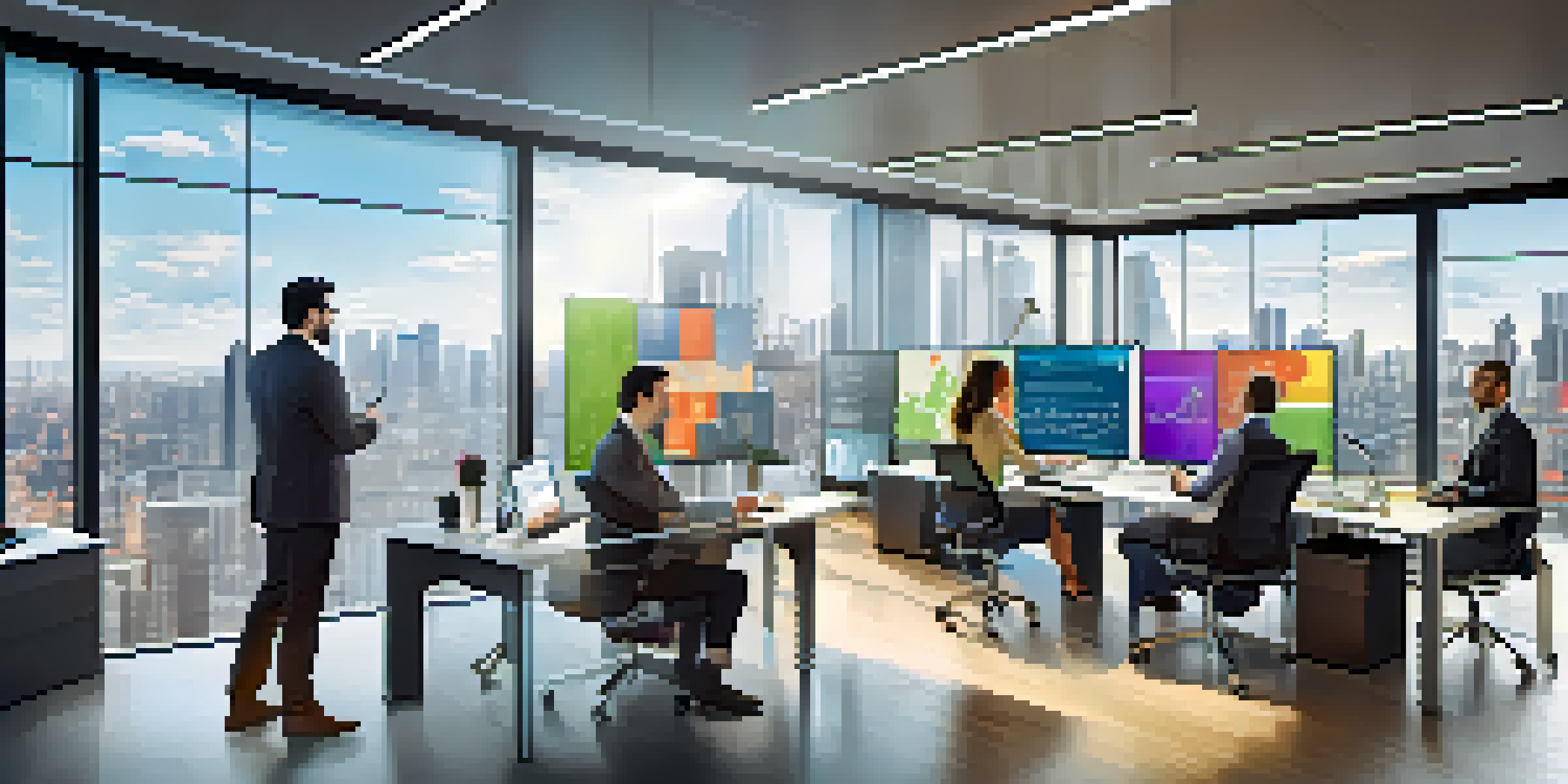 A diverse group of professionals in a modern office analyzing data on large screens with colorful graphs and charts.