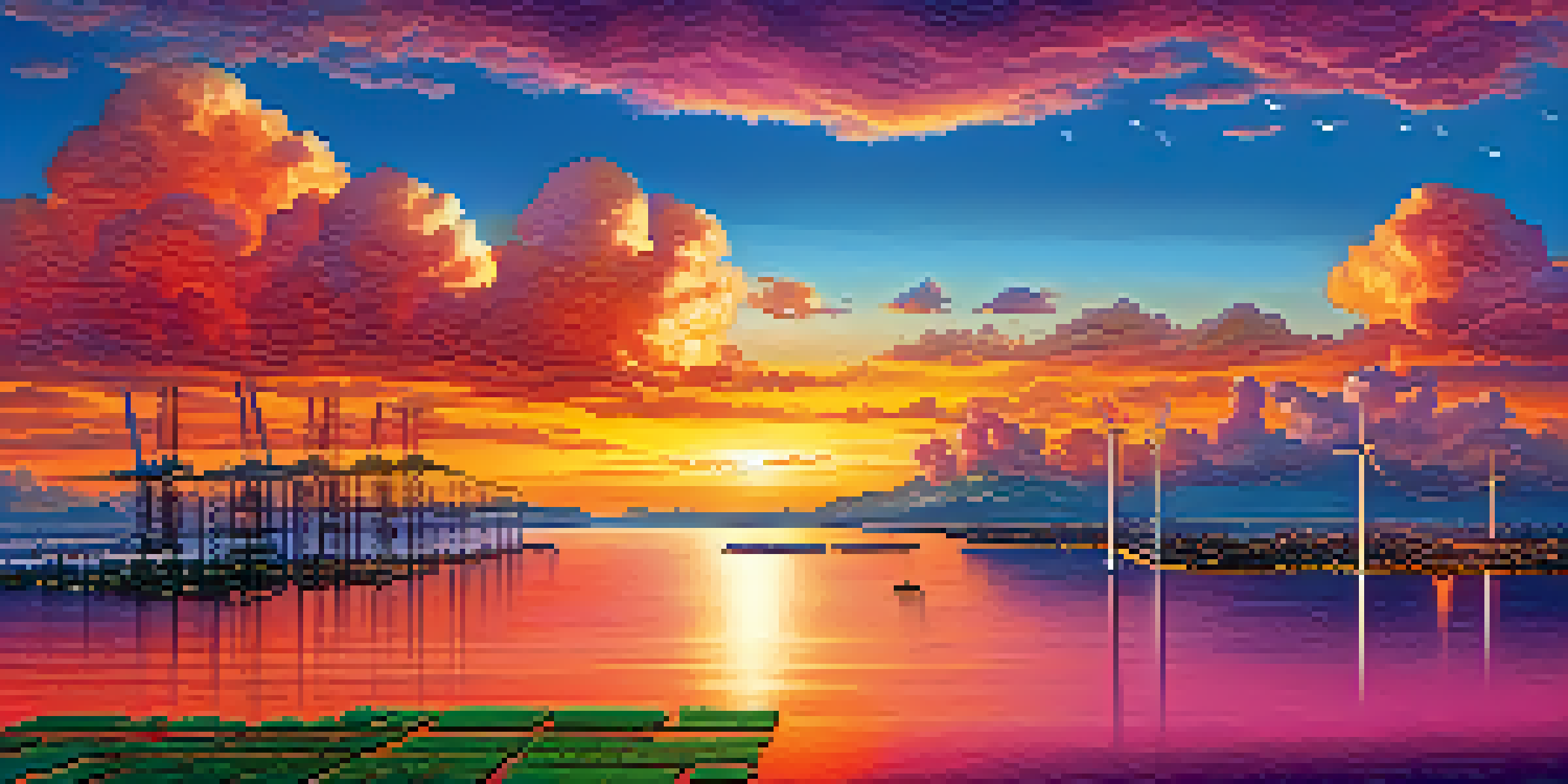 A colorful illustration of cloud computing connecting different supply chain islands over a serene ocean at sunset.