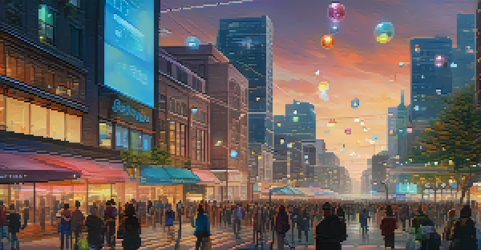 A vibrant smart city at dusk with illuminated buildings, traffic sensors, and streetlights, depicting a lively urban environment.