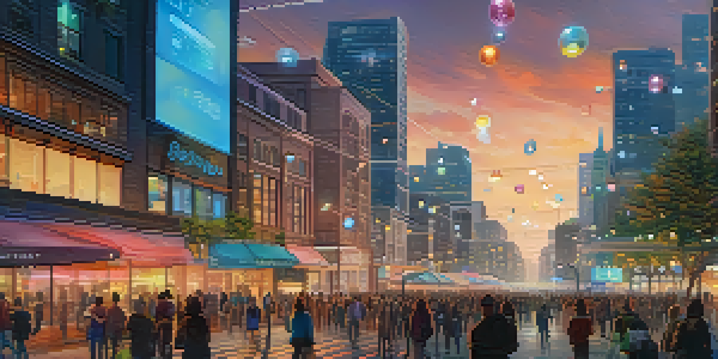 A vibrant smart city at dusk with illuminated buildings, traffic sensors, and streetlights, depicting a lively urban environment.