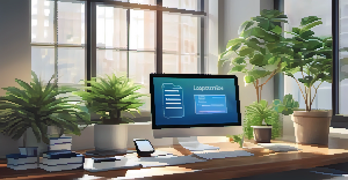 An office desk with a computer displaying a multi-factor authentication login screen, a smartphone, a notepad, and a plant, illuminated by natural light.