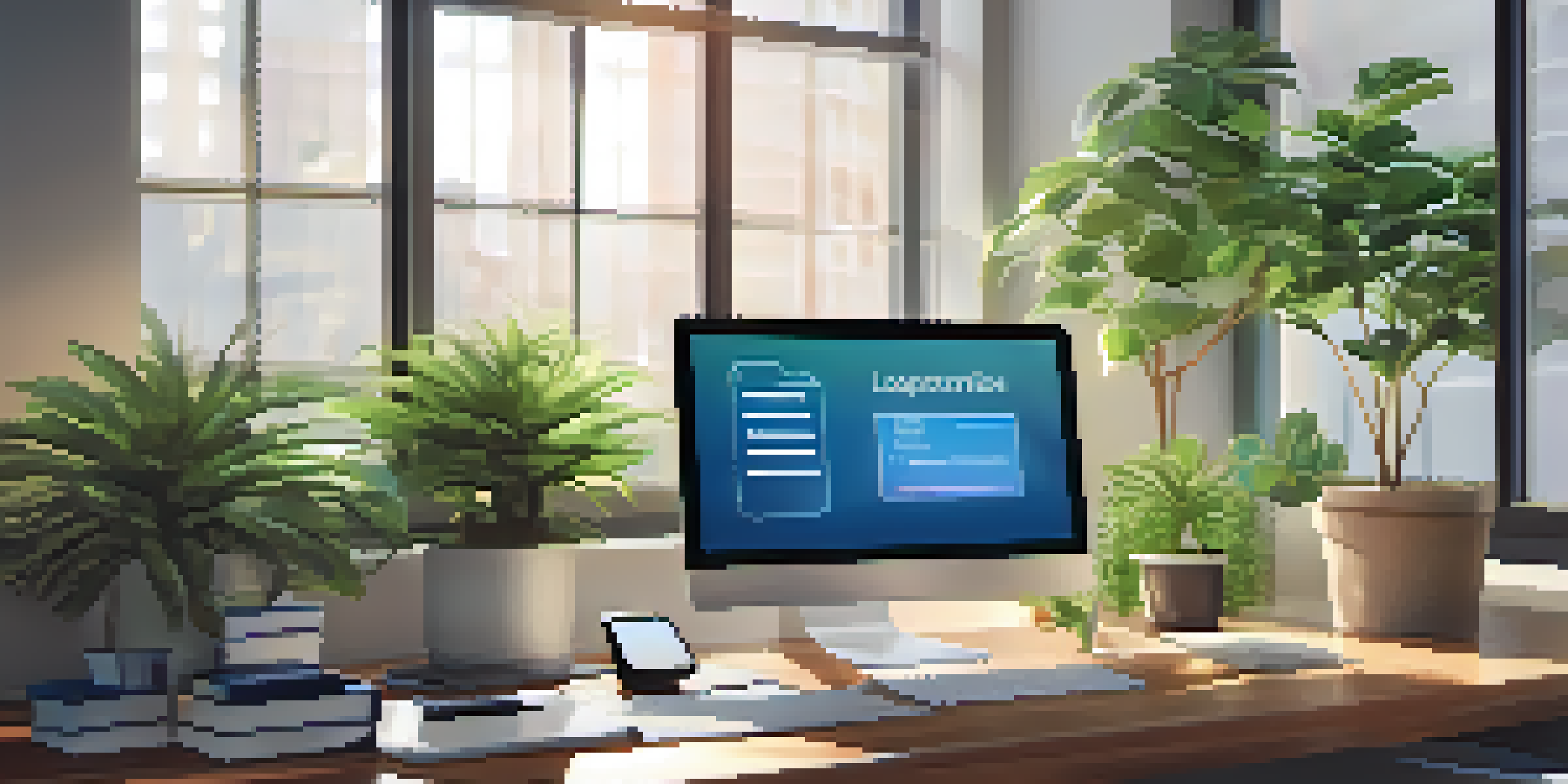 An office desk with a computer displaying a multi-factor authentication login screen, a smartphone, a notepad, and a plant, illuminated by natural light.