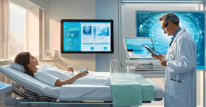 A doctor accessing a patient's blockchain-secured health record on a digital tablet in a modern healthcare setting.