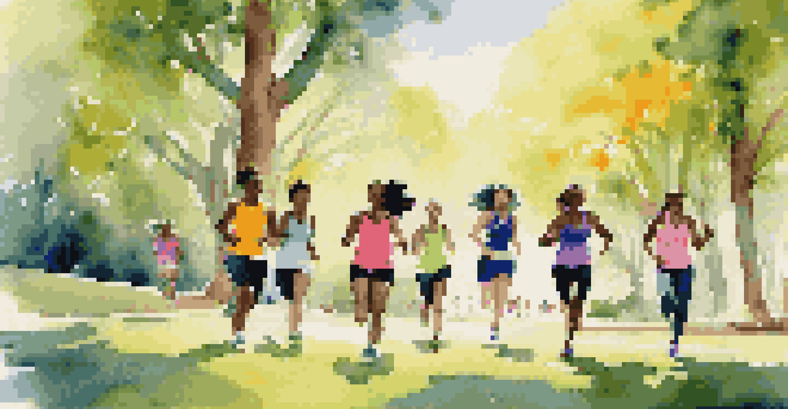 A group of friends outdoors, participating in a fitness challenge while wearing colorful fitness trackers, surrounded by greenery.