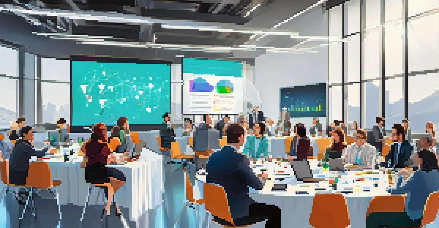 A networking event for data science professionals with participants discussing data charts around a table.