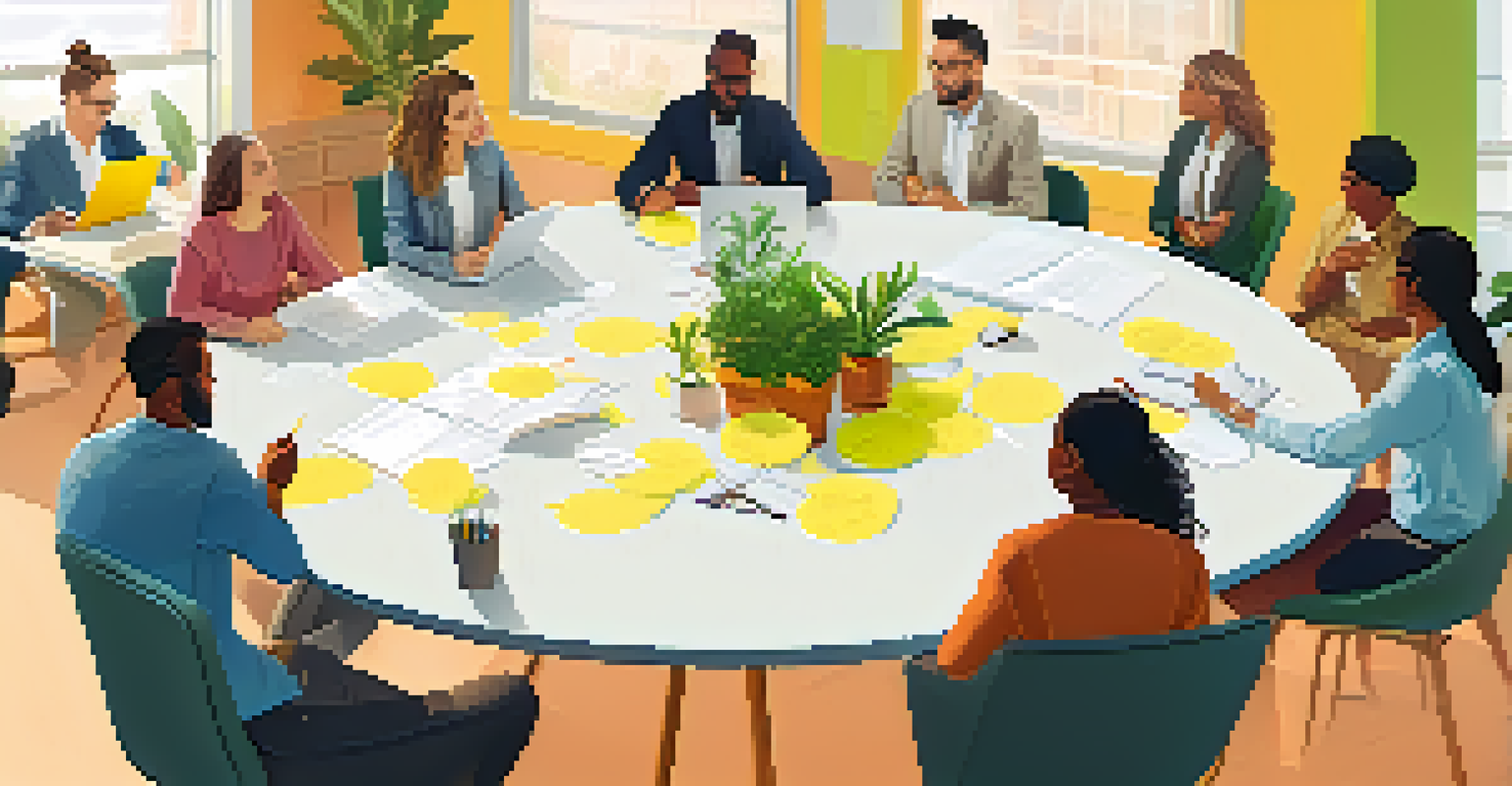 A diverse group of employees collaborating around a circular table, using sticky notes and markers on a whiteboard, in a bright and modern office environment.