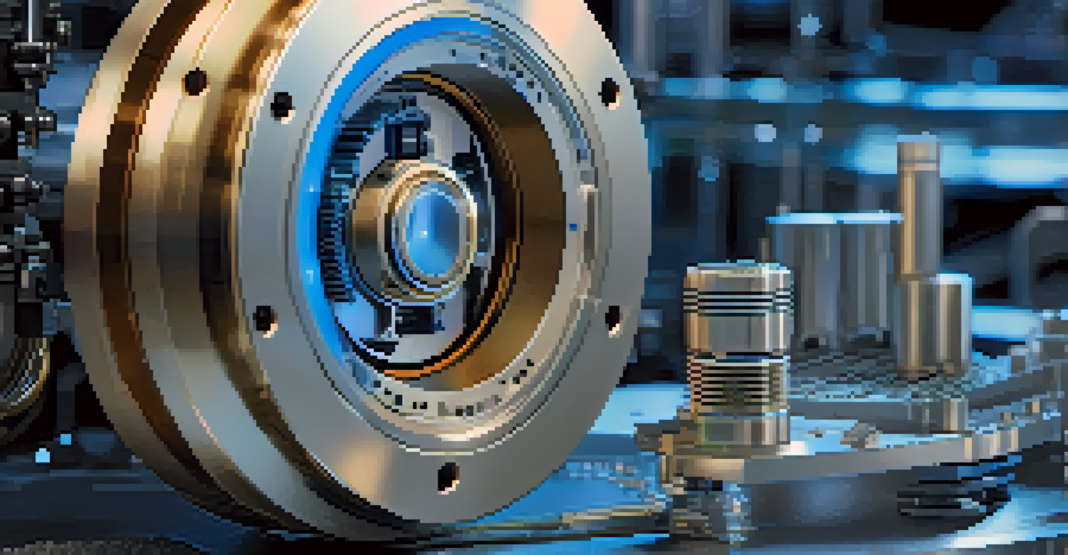 A close-up of a manufacturing sensor with digital data visuals in the background, highlighting technology and connectivity.