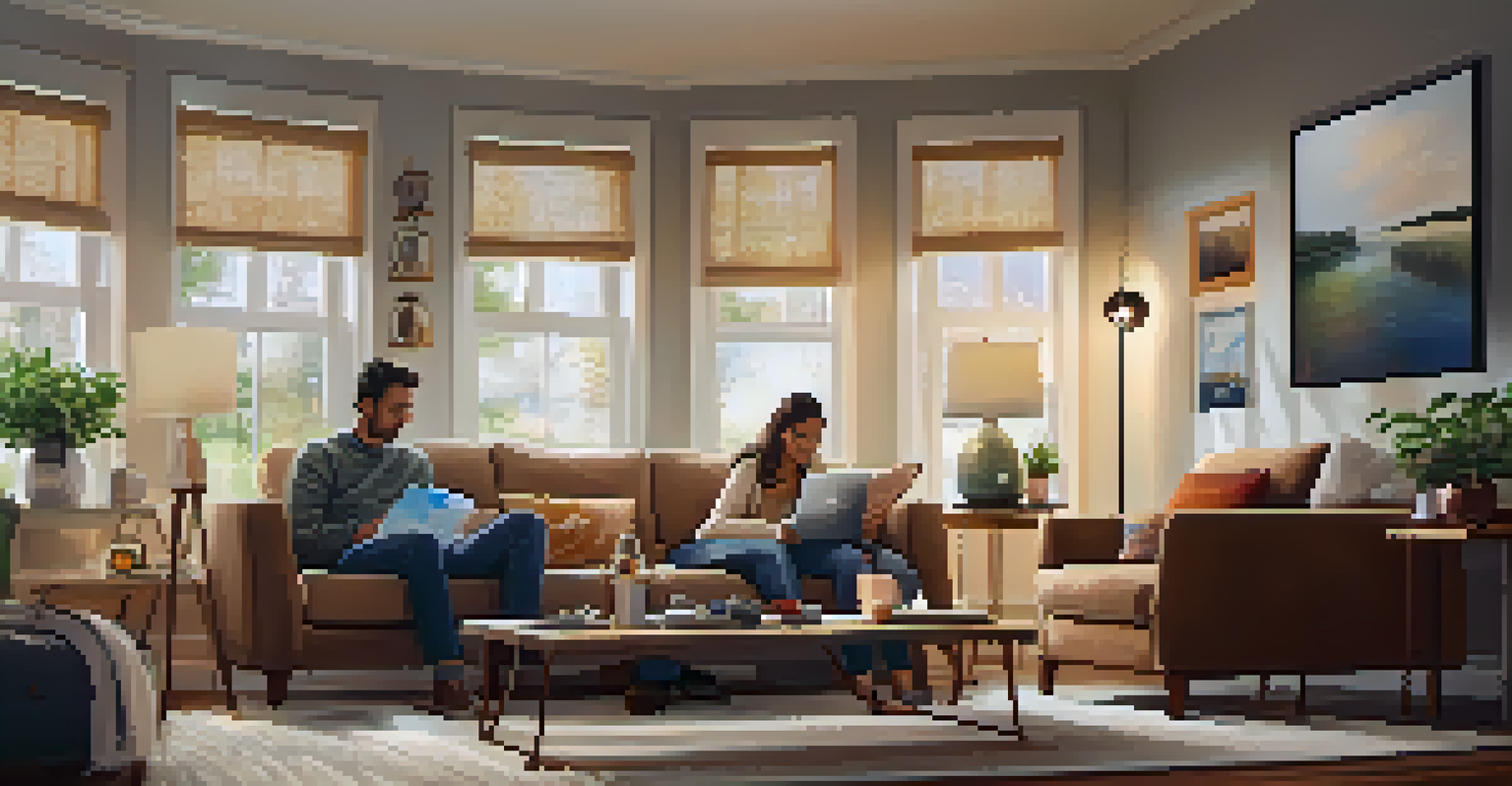 A family in a living room using voice commands to control smart devices, with a cozy and inviting decor.