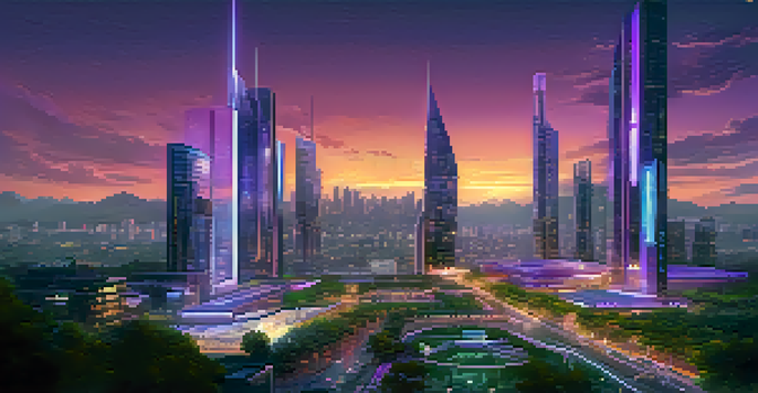 A modern city skyline at dusk with advanced buildings, drones, and green spaces.