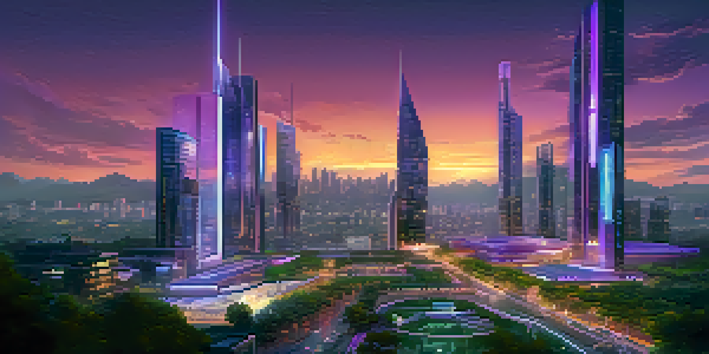 A modern city skyline at dusk with advanced buildings, drones, and green spaces.