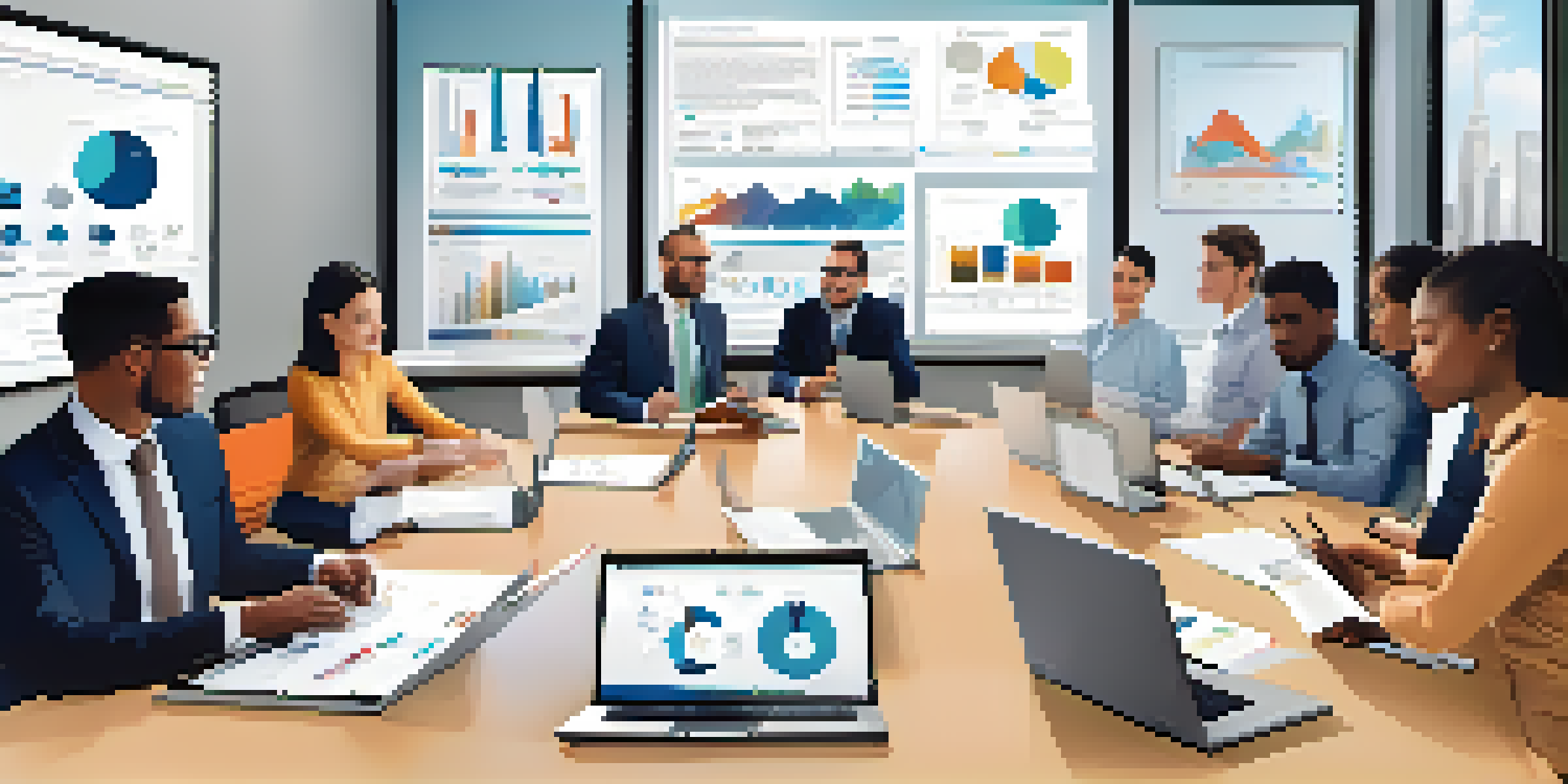 A diverse group of professionals collaborating in a modern office setting, engaged in discussion around a conference table with laptops and documents.