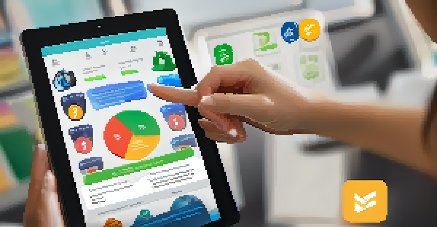 A student's hands using a tablet to engage with a gamified learning app showing progress bars and badges.