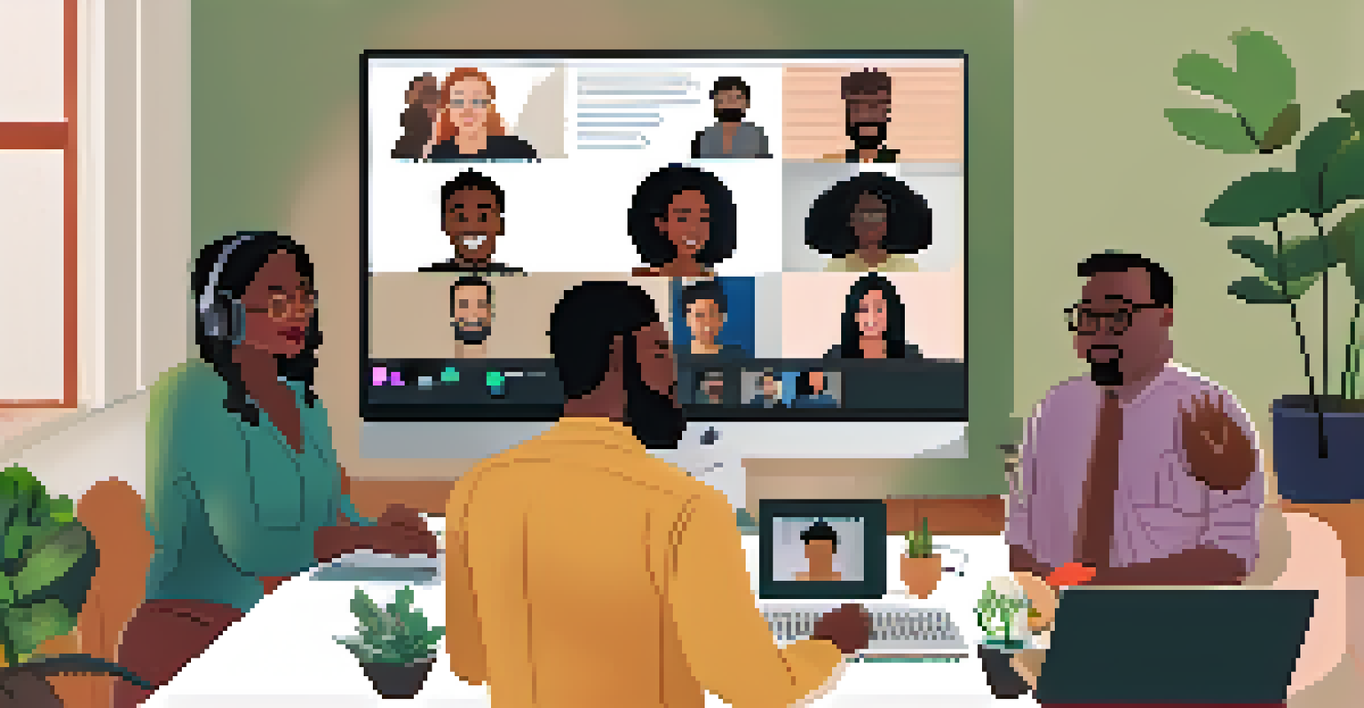 A diverse team of remote workers participating in a lively virtual brainstorming session on video call, each in their home office environment.