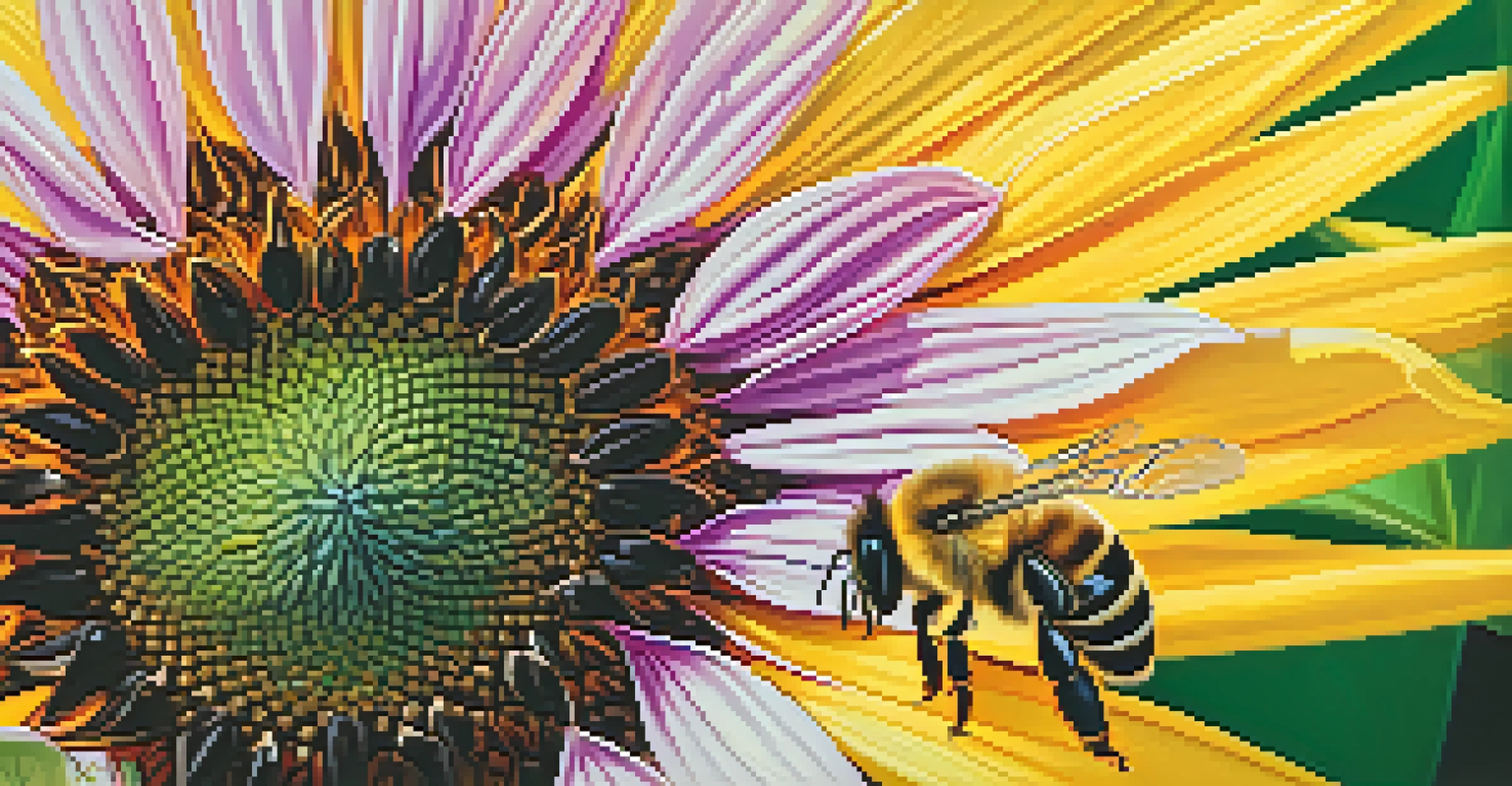 A close-up of a honeybee on a sunflower, showcasing the bee's wings and the sunflower's textured petals.