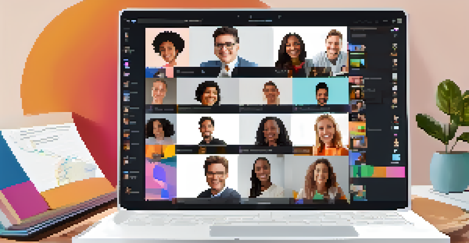 A laptop screen showing a virtual team meeting with a colorful mind map in the background.