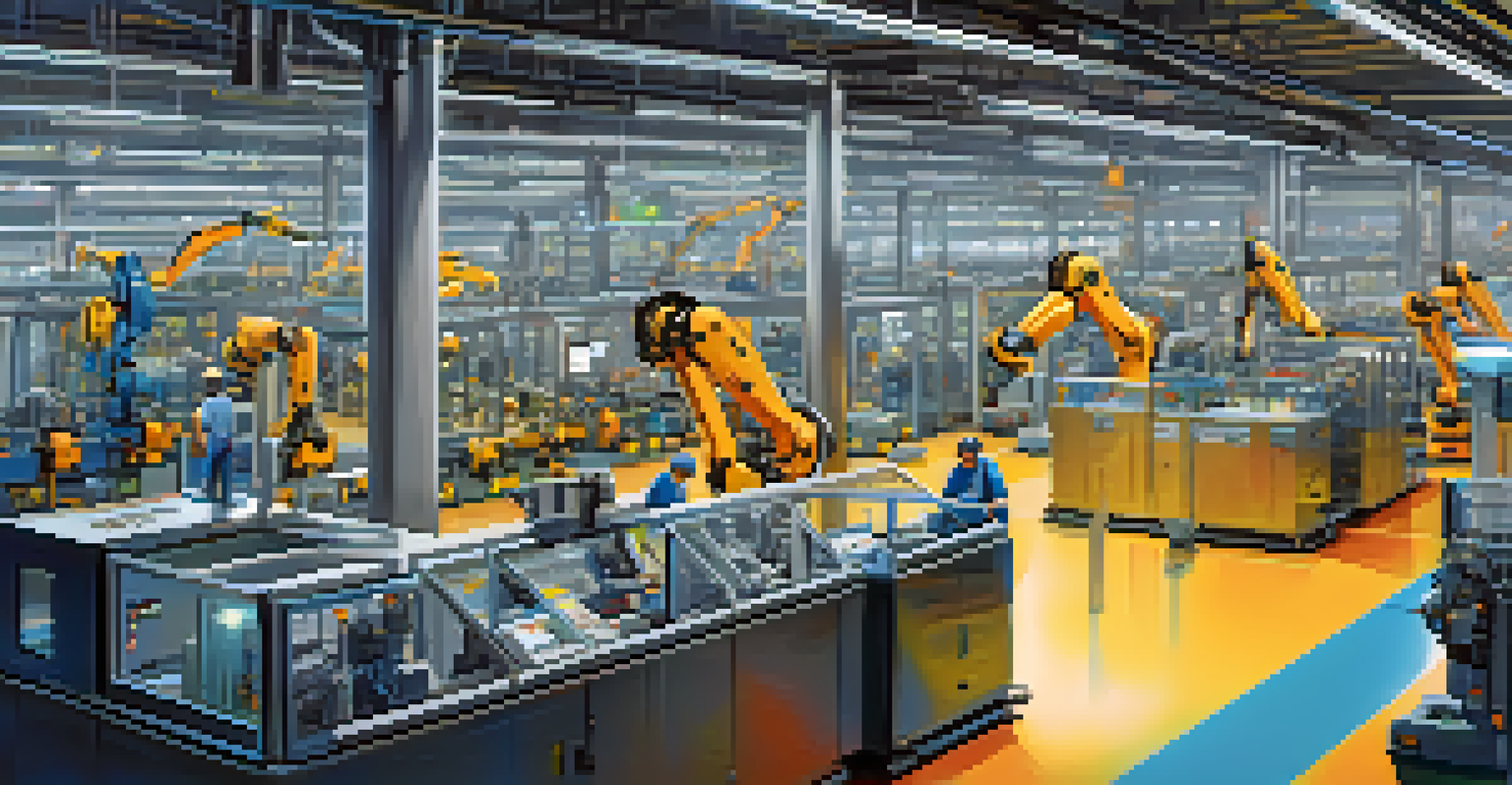 A high-tech manufacturing floor with robotic arms and workers monitoring machinery, highlighted by bright lights.
