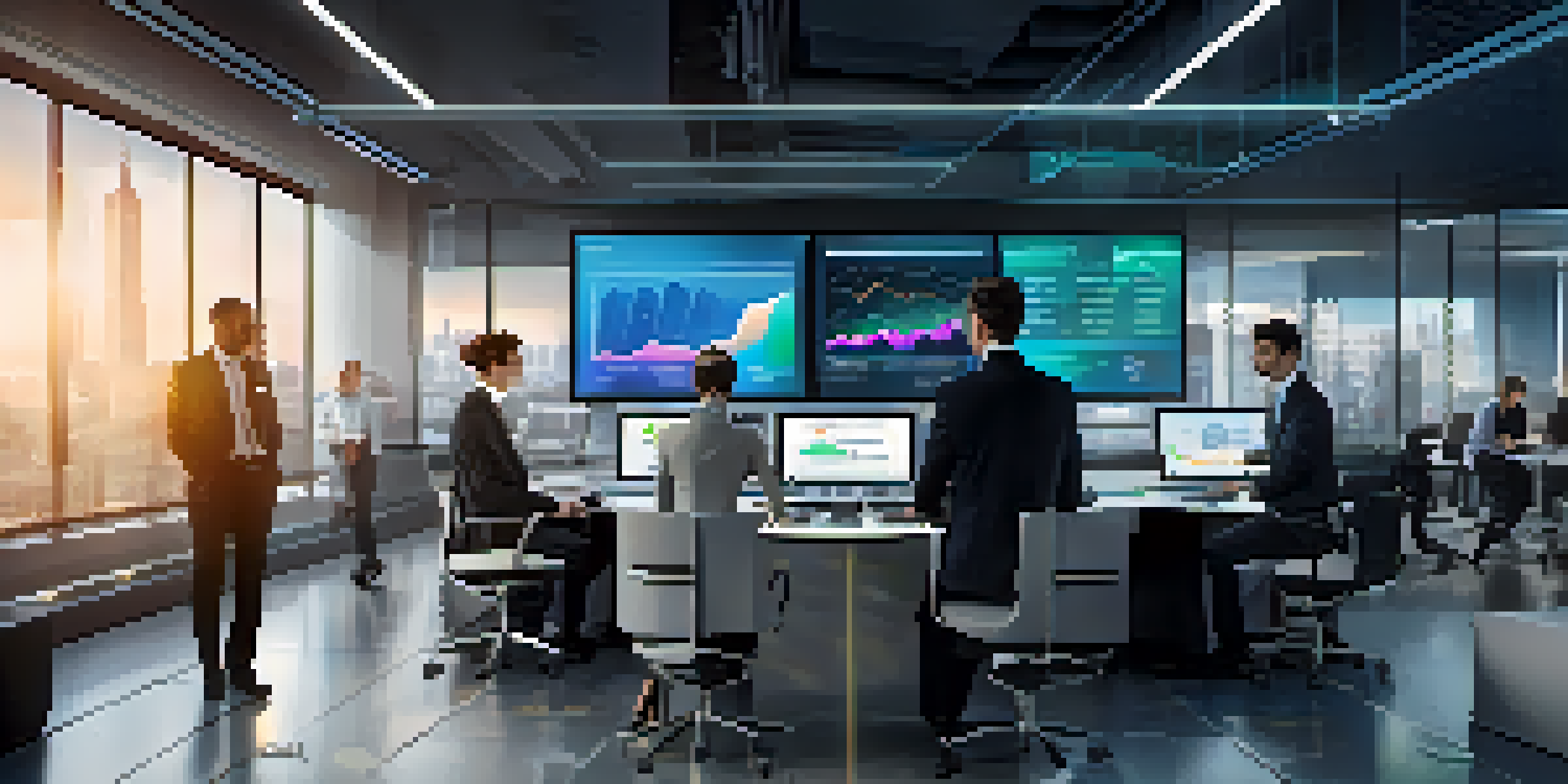 A modern office with a digital dashboard showing colorful data analytics. Professionals are interacting with the dashboard in a collaborative environment.