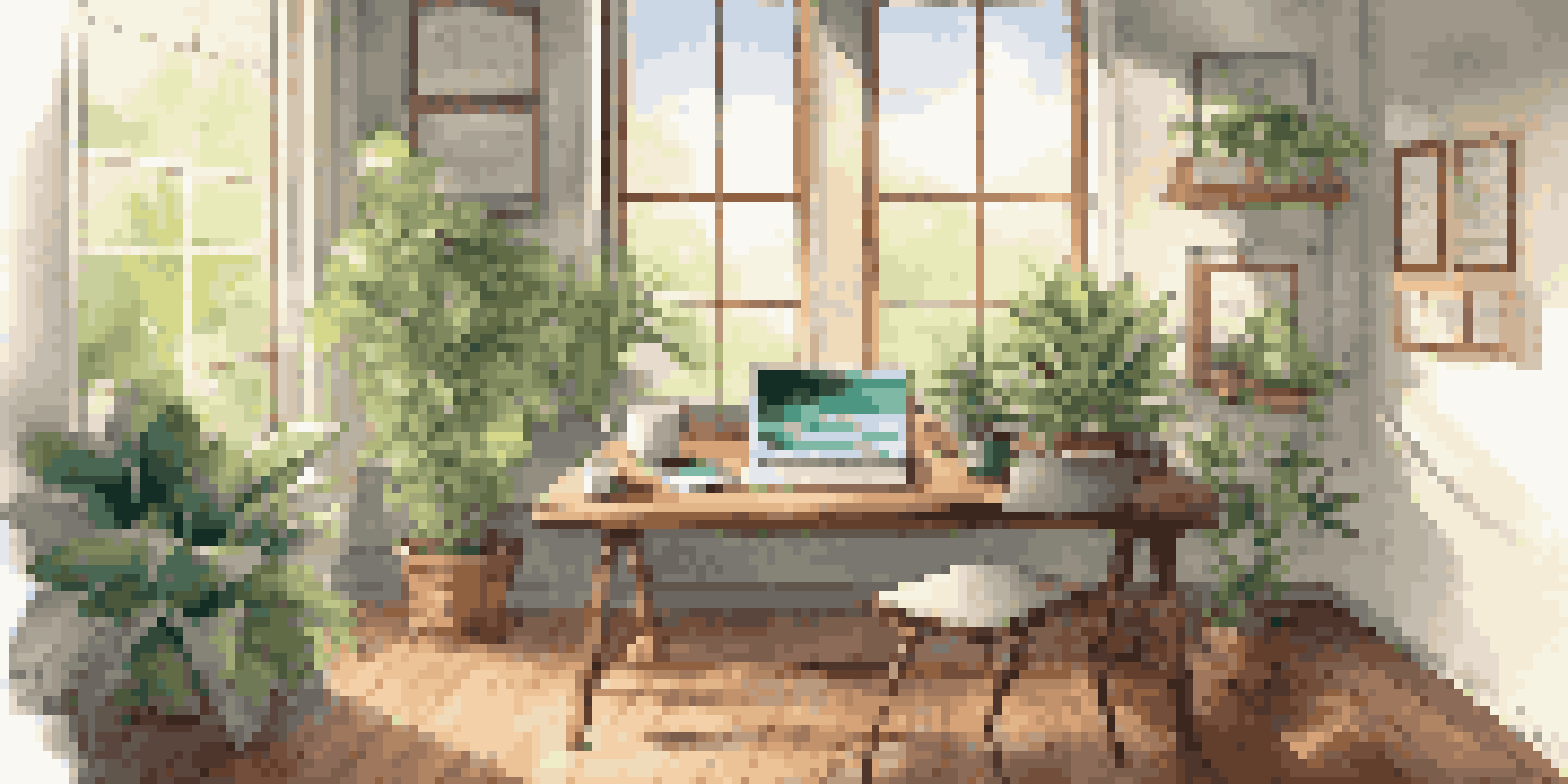 A modern workspace with a laptop, notepad, coffee, and a plant, illuminated by sunlight.