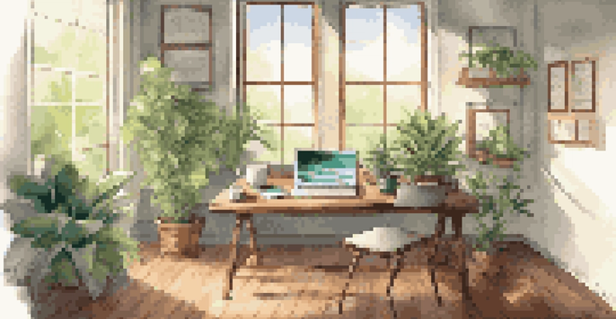 A modern workspace with a laptop, notepad, coffee, and a plant, illuminated by sunlight.