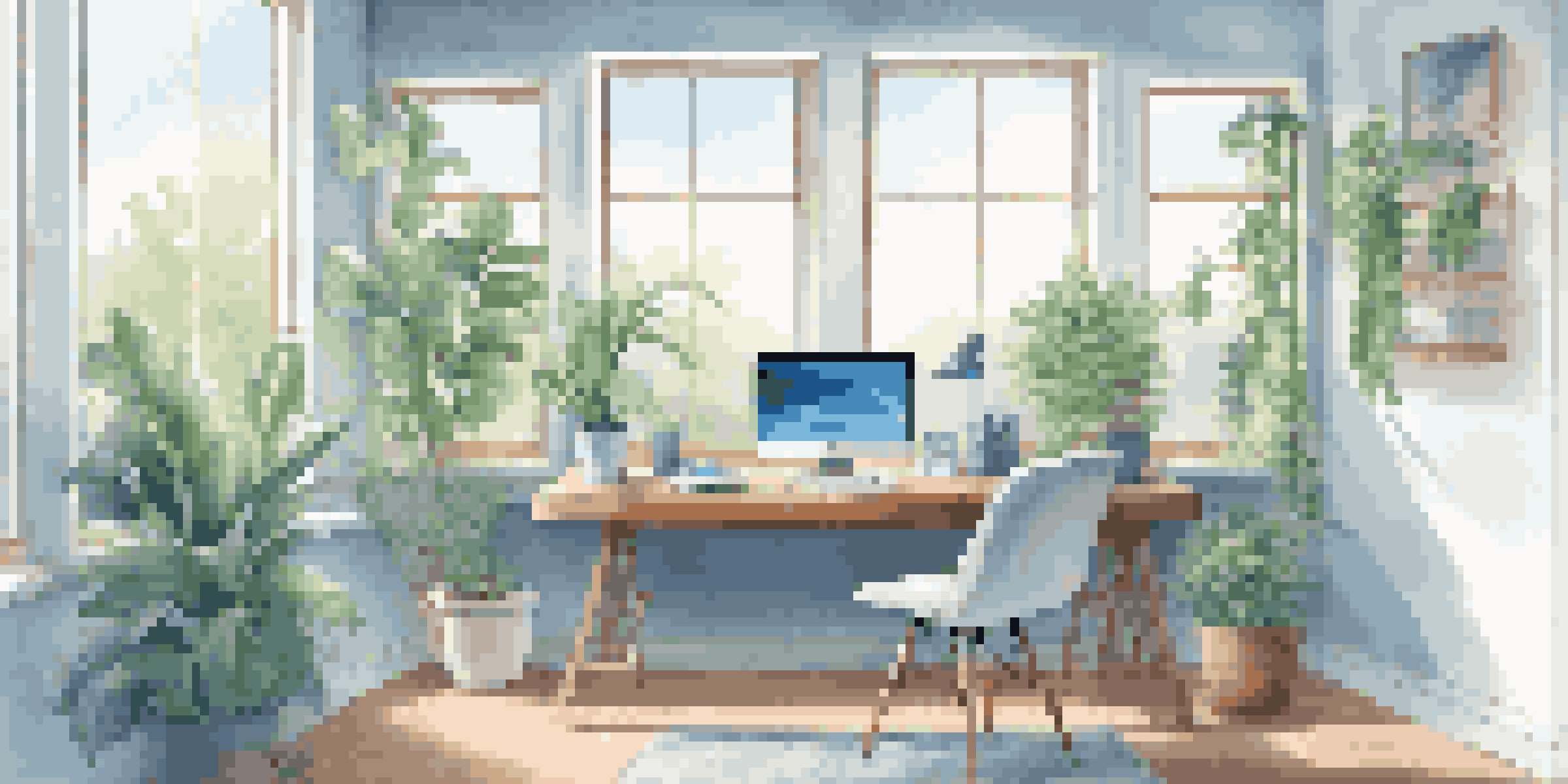 A modern office workspace with a laptop displaying an SEO tool dashboard, natural light from the window, and plants in the background.