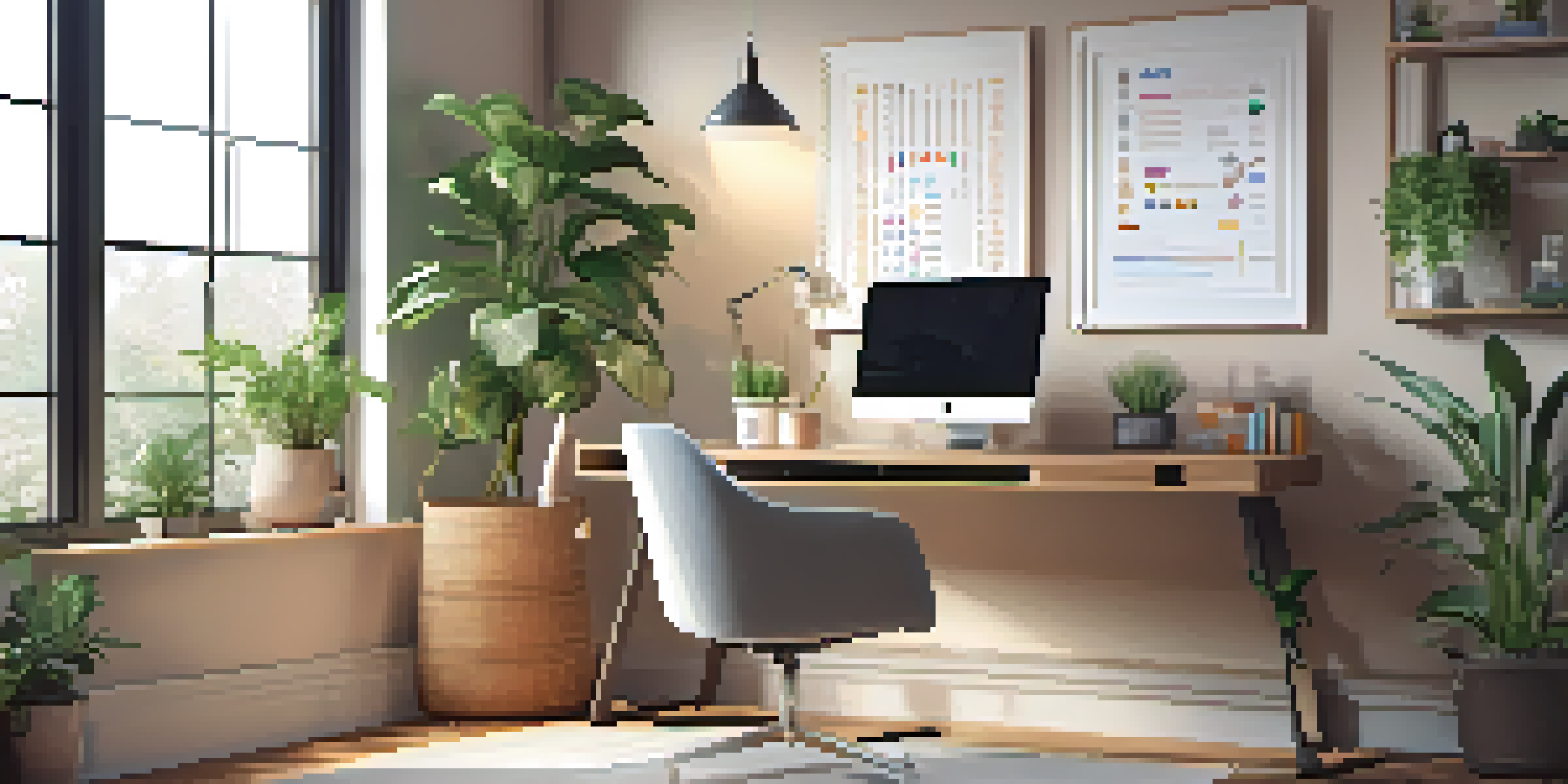 A home office with a desk and computer showing a virtual health assistant, warmly lit with plants and health posters.